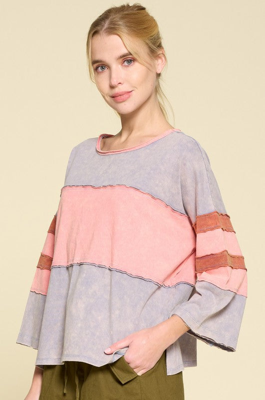 Denim-Mauve Colorblock Top