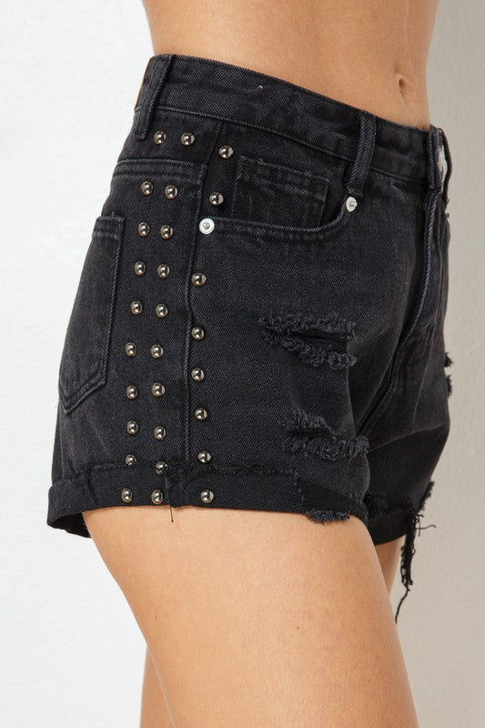 Black Studded Denim Shorts