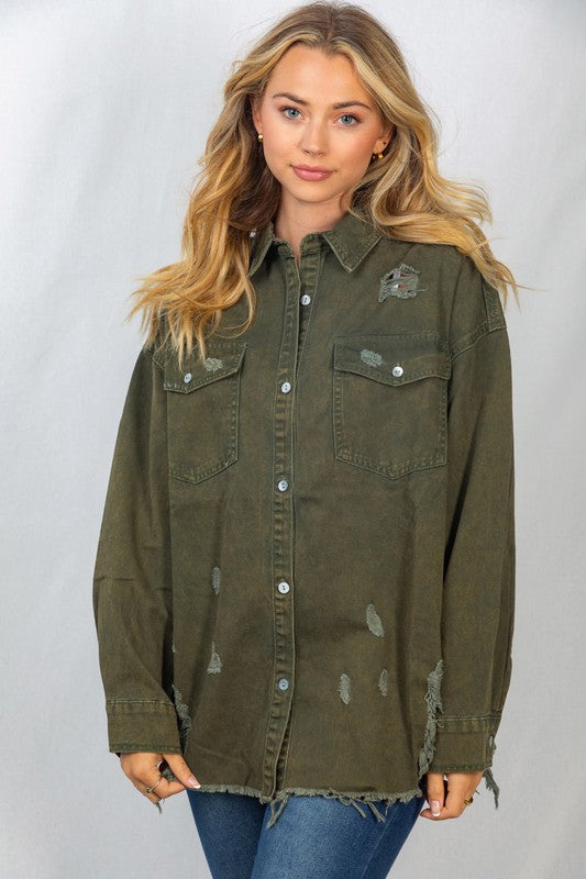 Olive Distressed Shacket