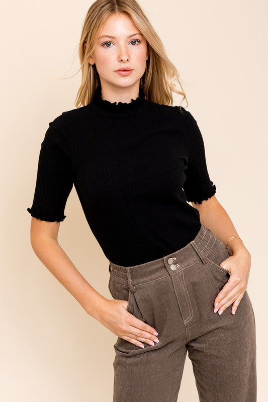 Ruffle Trim Ribbed Top