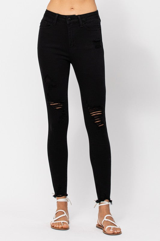 Black Distressed Crop Skinny Jeans-Judy Blue