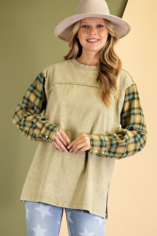 Sage Plaid Sleeve Top