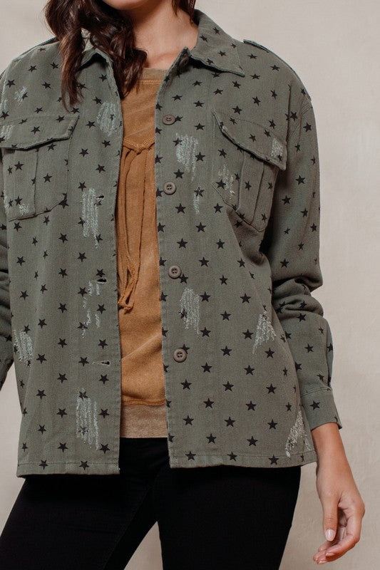 Washed Olive Star Print Jacket