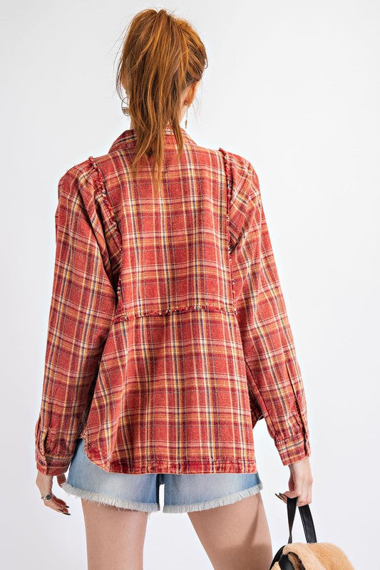 Red Plaid Frayed Top