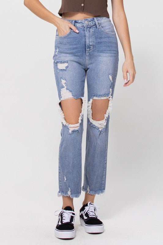High Rise Frayed Jeans-Cello
