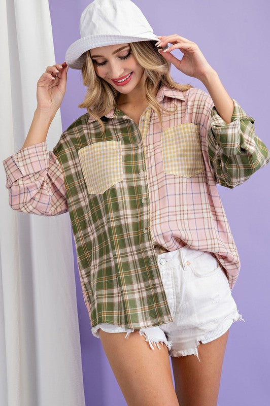 Olive/Blush Patchwork Flannel Top