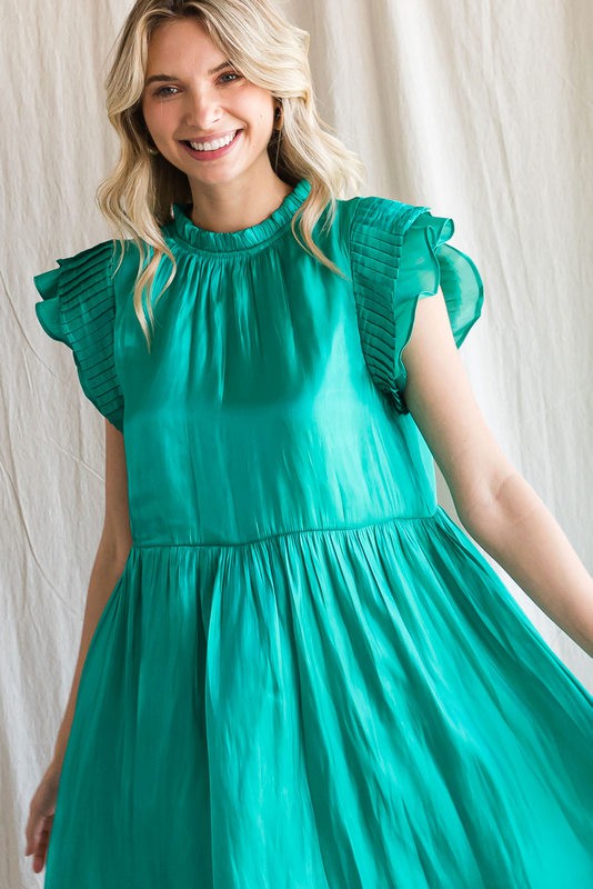 Emerald Pleated Cap Sleeve Dress