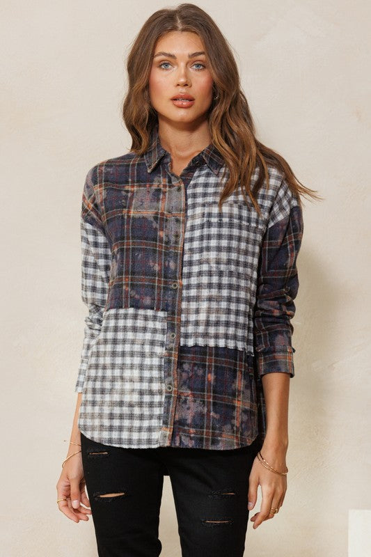 Bleach Mixed Plaid Flannel Top