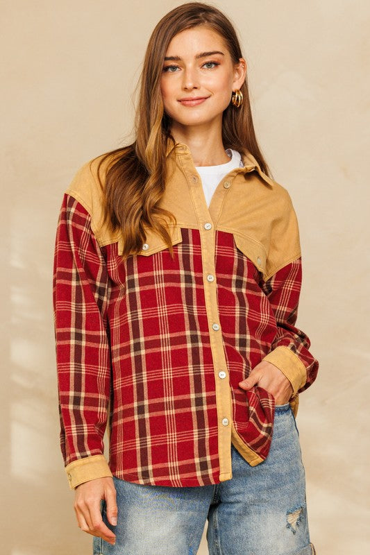Red Plaid Camel Shacket Top