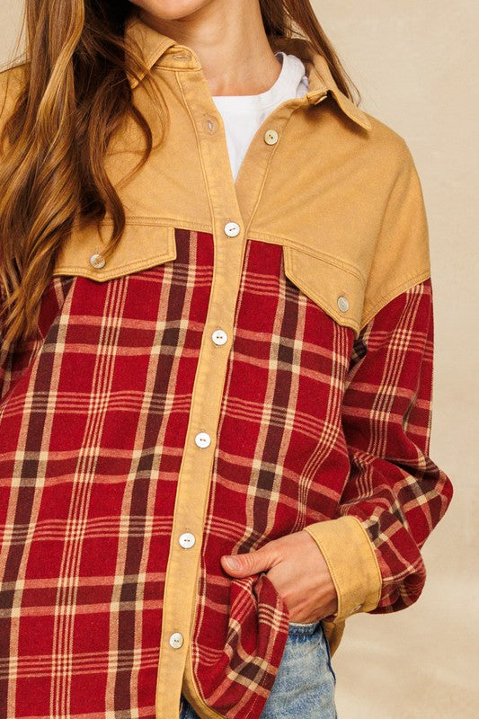 Red Plaid Camel Shacket Top