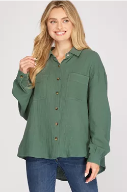 Slate Green Gauze Button Down Top