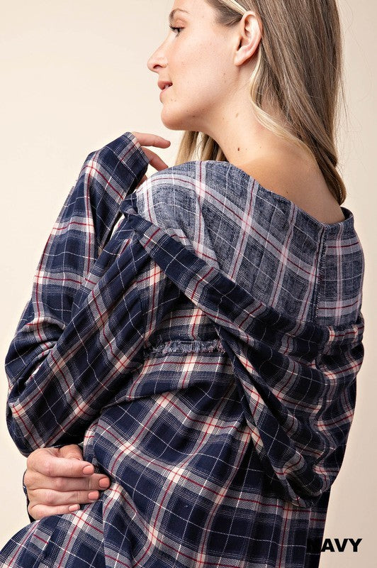 Navy Plaid Hoodie Top