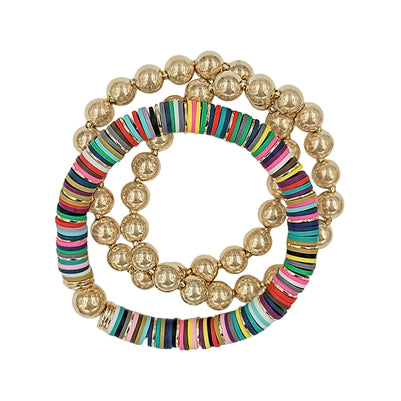 Multi Rubber and Gold Beaded Set of 3 Stretch Bracelets