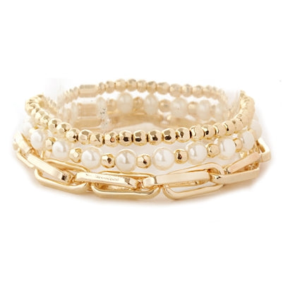 Gold Beaded, Pearl, and Gold Chain Set of 3 Stretch Bracelets