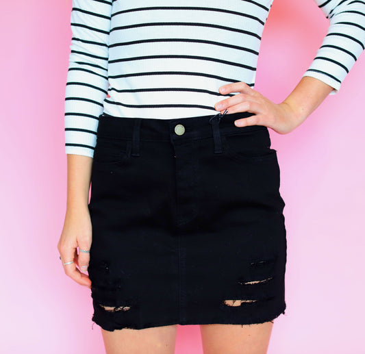 Distressed Black Denim Skirt