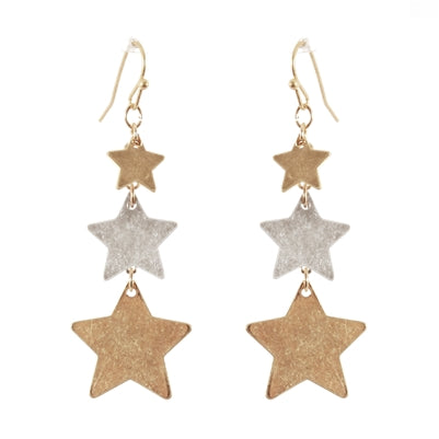 Gold and Silver Triple Drop Star 2" Earrings