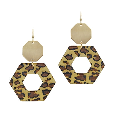 Gold Hexagon with Cheetah Print Acrylic 2" Earring