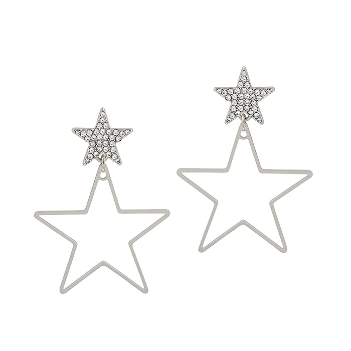 Silver Pave Star Stud with Open Star Drop Hoop Earring