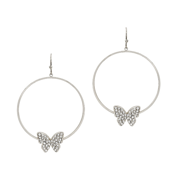 Silver Hoop with Rhinestone Butterfly
