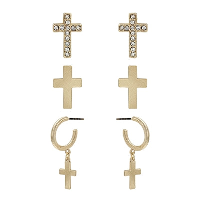Set of 3 Gold Cross Stud and Hoop Earrings