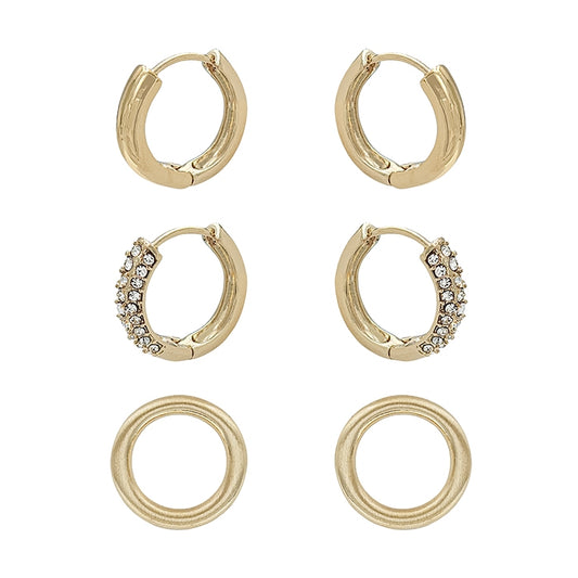 Matte Set of 3 Sold Huggie, Rhinestone Huggie, and Circle Stud Earrings