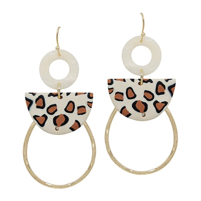 Gold Teardrop with Cheetah Print Geometric 2" Clay Earring
