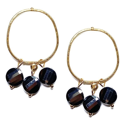 Gold Circle with Black Crystal Drops 1.25" Earring