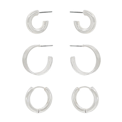 Matte Silver Set of Three Huggie Hoop Earrings