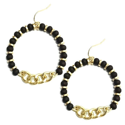 Wood Bead and Gold Chain Hoop Earring