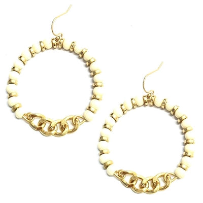 Wood Bead and Gold Chain Hoop Earring