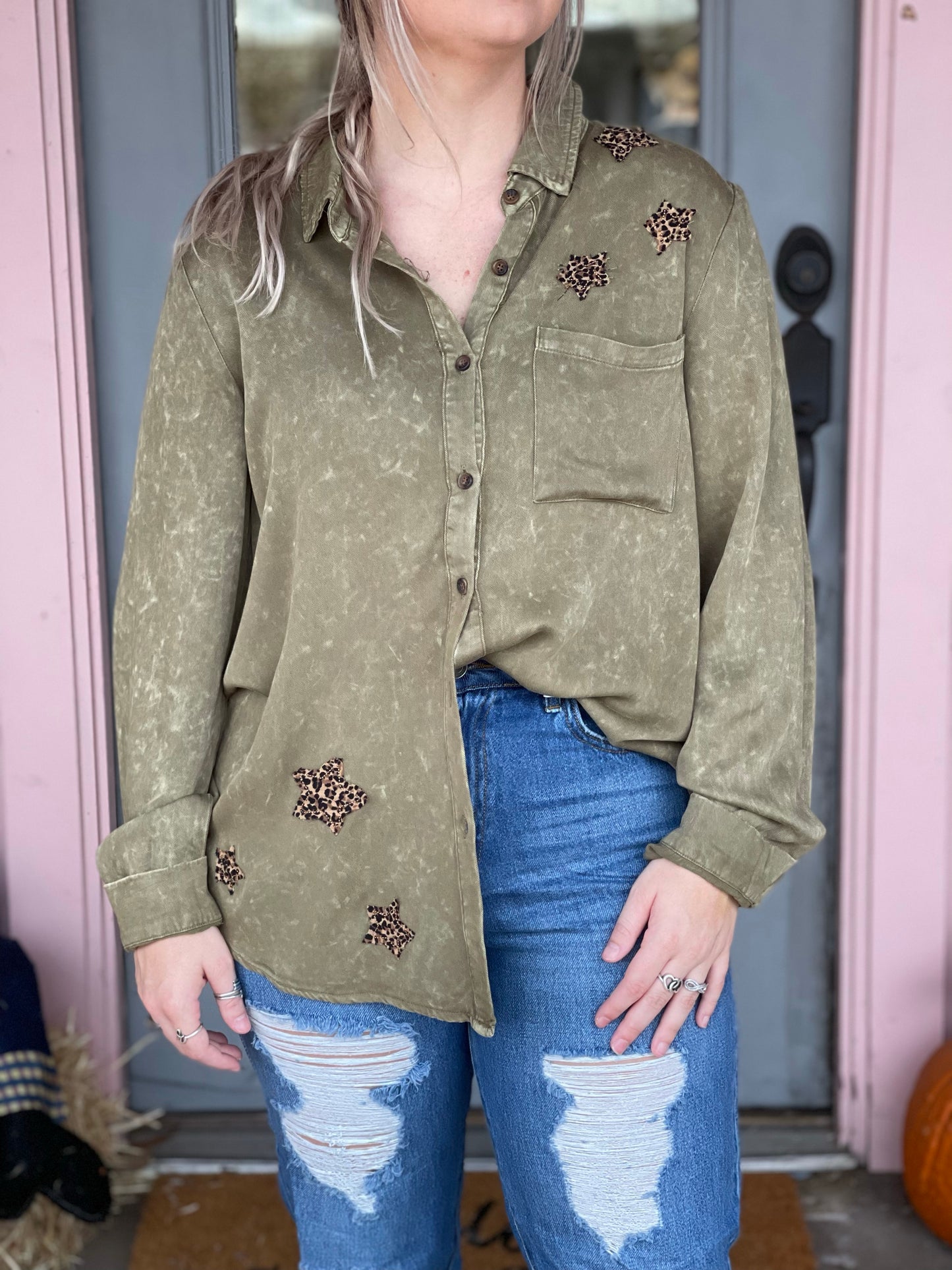 Leopard Star Patch Olive Top