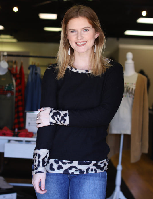 Leopard Detail Thermal Knit Top