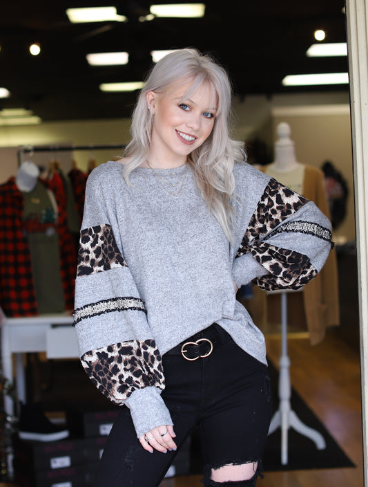 Leopard & Tweed Sleeve Top