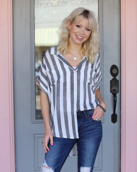 Black Stripe Button Down Top