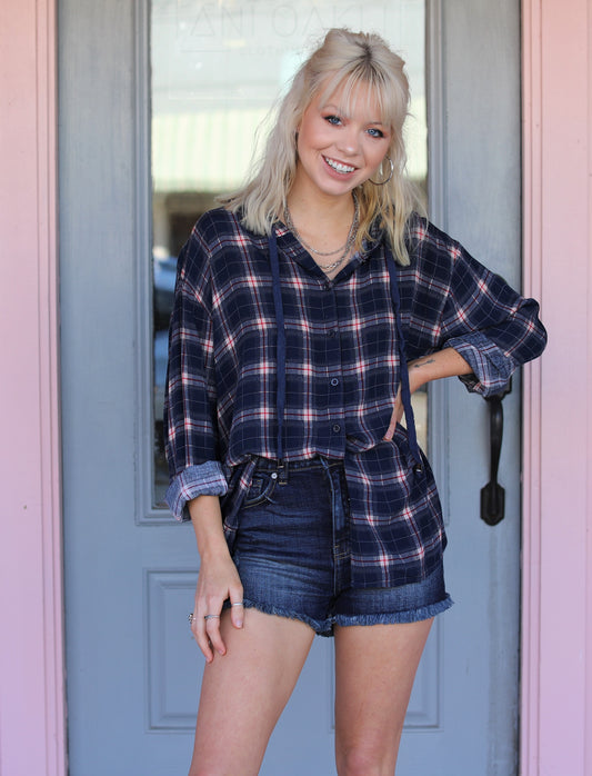 Navy Plaid Hoodie Top