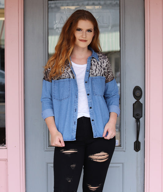 Leopard Denim Button Down Top
