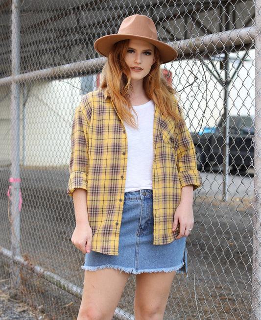 Oversized Mustard Plaid Button Up Top