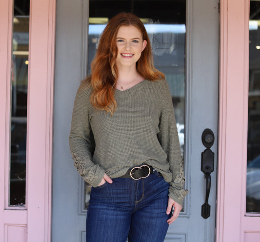 Lace Detail Sleeve Waffle Knit Top