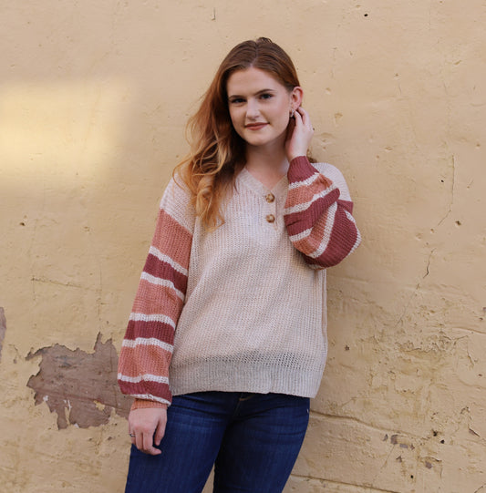Stripe Sleeve Henley Sweater