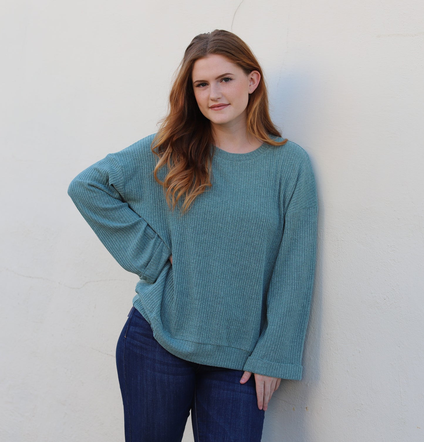 Teal Ribbed Sweater Top