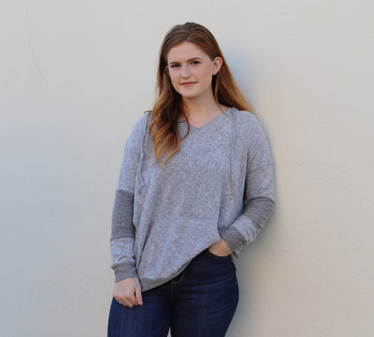 Grey Contrast Sleeve Hoodie Top