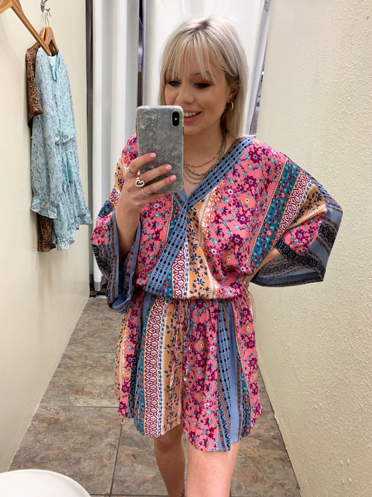 Mixed Print Kimono Romper