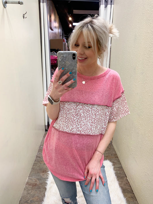 Coral Leopard Block Out Top