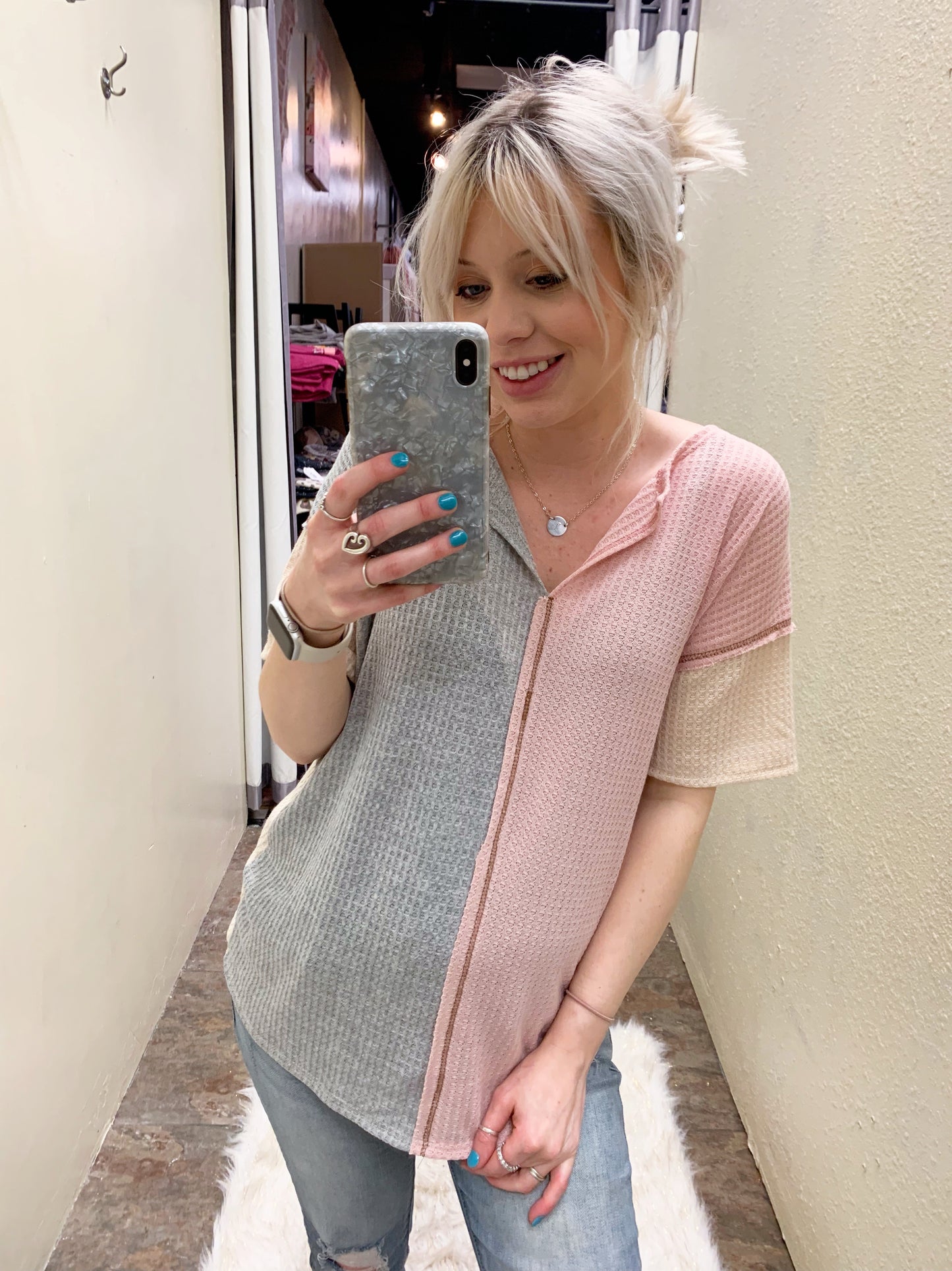 Blush and Gray Color Block Top