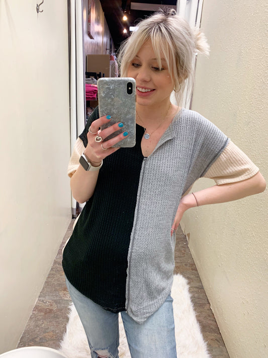 Grey and Black Color Block Top