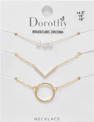 Set of 3 Pearl, Rhinestone, and Circle 16"-18" Necklace