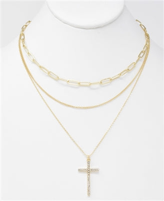 Gold Triple Layer with Rhinestone Cross Necklace