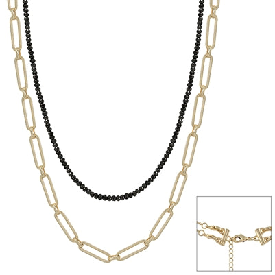 Black Crystal and Gold Chain Layered 16"-18" Necklace
