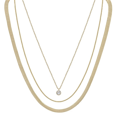Gold Snake Chain Layered with Clear Stone Necklace