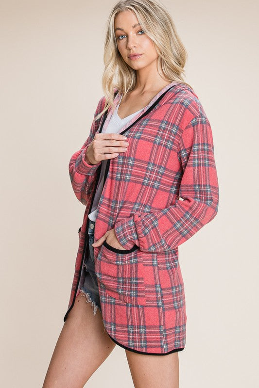 Red Plaid Hooded Cardigan